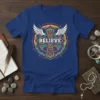 BELIEVE t-shirt with a colorful stained-glass style cross and white wings graphic