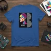 BELKIZ text logo on a t-shirt featuring a colorful, abstract cyberpunk head design with circuit board details