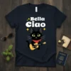 Bella Ciao T-Shirt featuring a black cat playing a guitar with Italian flair and stars