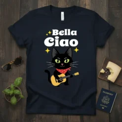 Bella Ciao T-Shirt featuring a black cat playing a guitar with Italian flair and stars