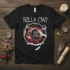 Bella Ciao Immortal Gossip Book T-Shirt design with skeleton hand, flames, and thorny circle