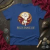 Belly Dance Cat T-Shirt design featuring a white cat in a dynamic pose with flowing fabric and ornate jewelry, text