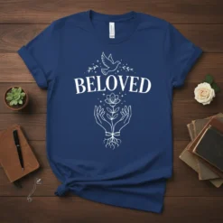 Beloved T-Shirt with dove and flower design, inspirational faith apparel, spiritual quote graphic