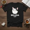 Black t-shirt with a white and black cat face graphic and the text "BELUGA CAT" in white, representing the Beluga