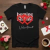 Black t-shirt with "bemine Valentine" text and two red interlocking hearts graphic