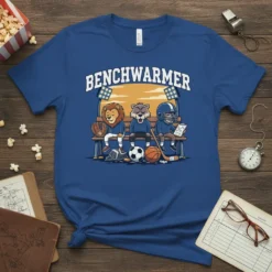 Benchwarmer t-shirt design featuring three cartoon animals sitting on a bench with various sports equipment