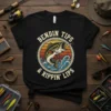 "Bendin Tips & Rippin' Lips" fishing t-shirt featuring a bass jumping with a lure, surrounded by a rope circle and