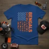 Cincinnati Bengals American Flag T-Shirt with orange tiger stripes and white stars on a blue background
