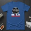 Berlin Brandenburg Gate graphic t-shirt with city name and bear illustration, blue background