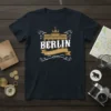Berlin established 1237 a.d. text with Brandenburg Gate graphic on a dark t-shirt, travel souvenir design