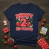 Berry 2nd Birthday text with red strawberries and white flowers on a navy blue t-shirt, perfect for a toddler's celebration