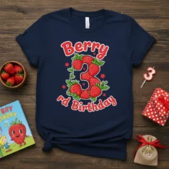 Navy t-shirt with "Berry 3rd Birthday" text and a large number 3 made of strawberries and vines