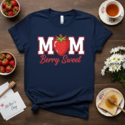 Berry Sweet Mom T-Shirt with a strawberry graphic and red script text, navy blue background