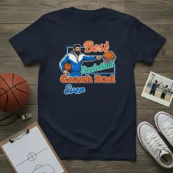 Best Basketball Coach Dad Ever t-shirt design featuring a coach holding a basketball and pointing to a hoop