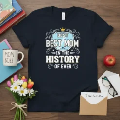 Best Best Mom In The History Of Ever quote t-shirt with crown and stars graphic