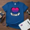 Bisexual flag heart with "BEST BI" text on a royal blue t-shirt, representing LGBTQ+ pride
