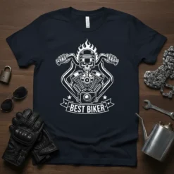 Best Biker t-shirt design with a flaming skull, motorcycle engine, and handlebars graphic