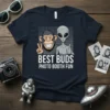 Best Buds Photo Booth Fun t-shirt with an alien and a monkey giving peace and thumbs up signs
