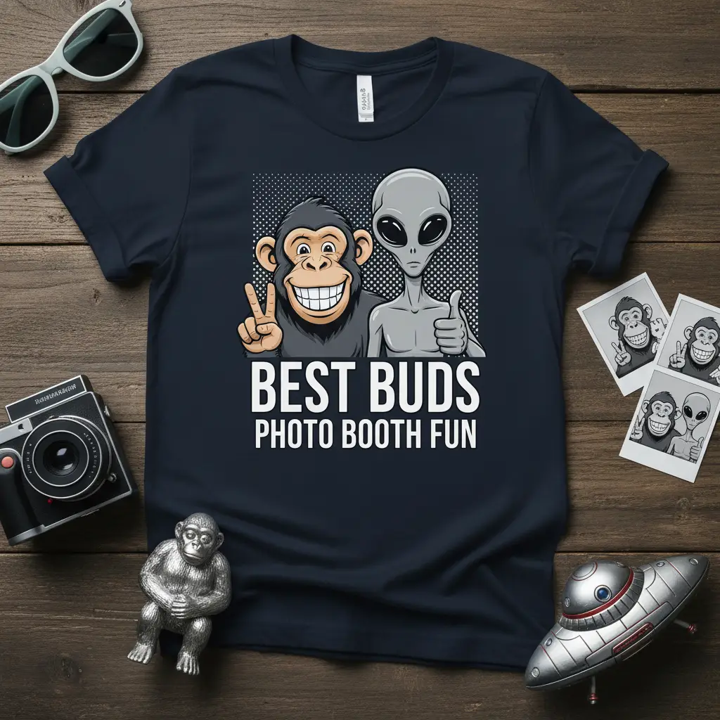 Best Buds Photo Booth Fun t-shirt design featuring cartoon alien and monkey with funny text