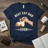 Best Cat Dad Ever t-shirt design with a Siamese cat being petted and bold text