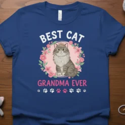 Best Cat Grandma Ever t-shirt design featuring a crowned cat amidst floral wreath and paw prints