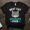 Best Cat Grandpa Ever text with a cartoon cat wearing a monocle on a black t-shirt