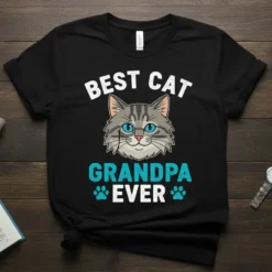 Best Cat Grandpa Ever text with a cartoon cat wearing a monocle on a black t-shirt