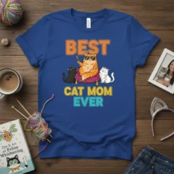 Best Cat Mom Ever t-shirt design with three cartoon cats, one large orange cat wearing sunglasses sitting on a pillow
