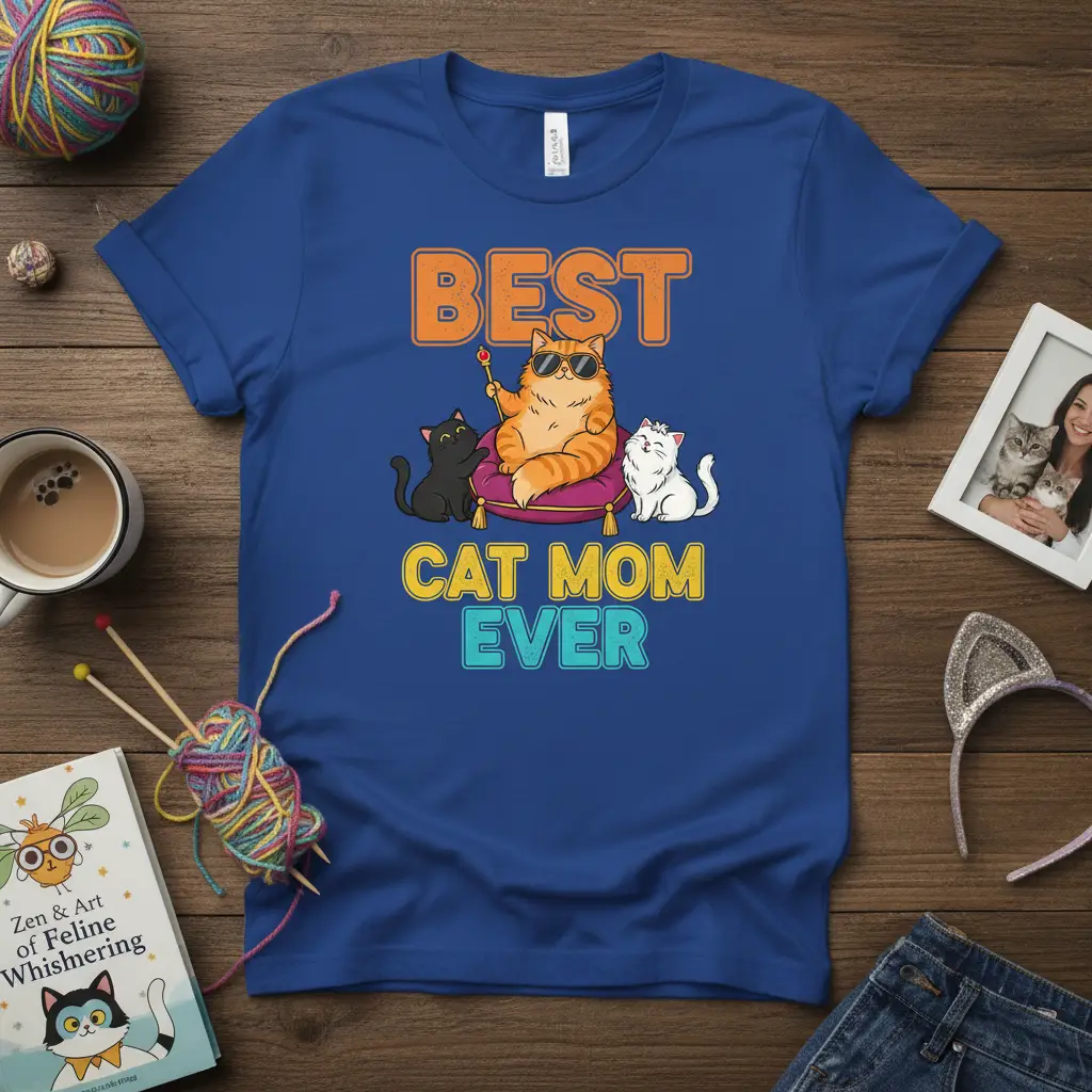 Best Cat Mom Ever graphic tee with three cute cats and playful typography for cat lovers