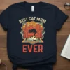 Best Cat Mom Ever t-shirt design featuring three cats lounging on a chair, with distressed typography