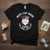 Best Cat Mom Ever t-shirt design featuring a cat wearing an American flag crown and paw prints