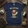 Best Cat Papi Ever text with illustration of a man and a cat on a navy blue t-shirt