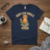 Best Cat Uncle Ever text with a cute orange cat sitting on books, on a navy blue t-shirt