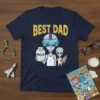Best Dad text with alien father wearing VR headset and holding milk, with a child alien holding a rocket, on