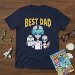 Best Dad text with alien father wearing VR headset and holding milk, with a child alien holding a rocket, on
