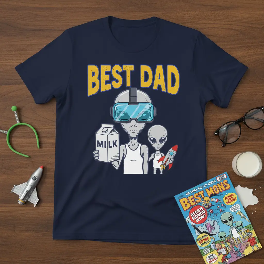 Best Dad text above an alien father in VR goggles holding milk, with a child alien and rocket graphic