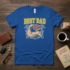 Best Dad Ever t-shirt design with a flexed muscle arm, hammers, and gears. Yellow and blue typography