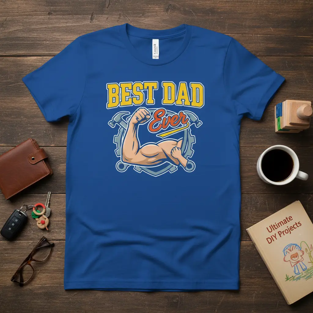 Best Dad Ever graphic tee featuring a strong flexed arm, hammers, and gears with bold typography