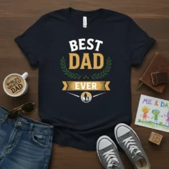 Best Dad Ever text graphic on a dark t-shirt, featuring laurel wreath and father-child silhouette design