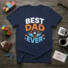 BEST DAD EVER t-shirt with trophy graphic, orange and blue text, white lettering