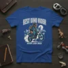 Best Dino Rider Never Look Back t-shirt featuring a dinosaur on a dirt bike in a mountain landscape