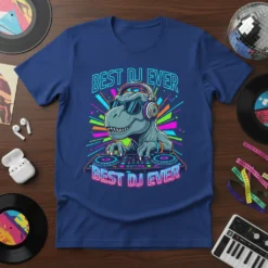 Best DJ Ever T-shirt design featuring a cartoon dinosaur wearing headphones and sunglasses, mixing music on a DJ console
