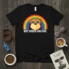 Best Doodle Dad Ever t-shirt design with a cartoon doodle dog wearing sunglasses under a rainbow