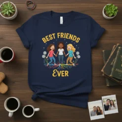 Best Friends Ever quote on a navy t-shirt featuring three diverse girls holding hands with dandelion graphics