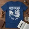 Best Friends For Life text with a sphynx cat giving a fist bump graphic on a navy blue t-shirt