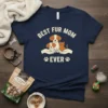 Best Fur Mom Ever t-shirt with illustration of two dogs and a cat held by hands, featuring paw prints and