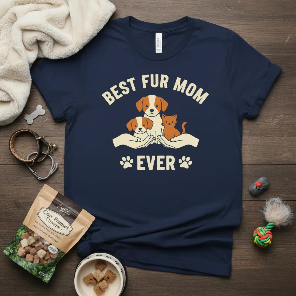 Best Fur Mom Ever text and cute illustration of dogs and cat on a navy t-shirt