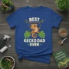 Best Gecko Dad Ever t-shirt design featuring a cute gecko on a swing with tropical leaves and bold text
