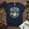 T-shirt with "BEST HISTORY TEACHER EVER EST. 2025" text and vintage educational graphics like books and a globe