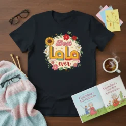 Retro "Best LaLa Ever" text design with floral wreath on a black t-shirt